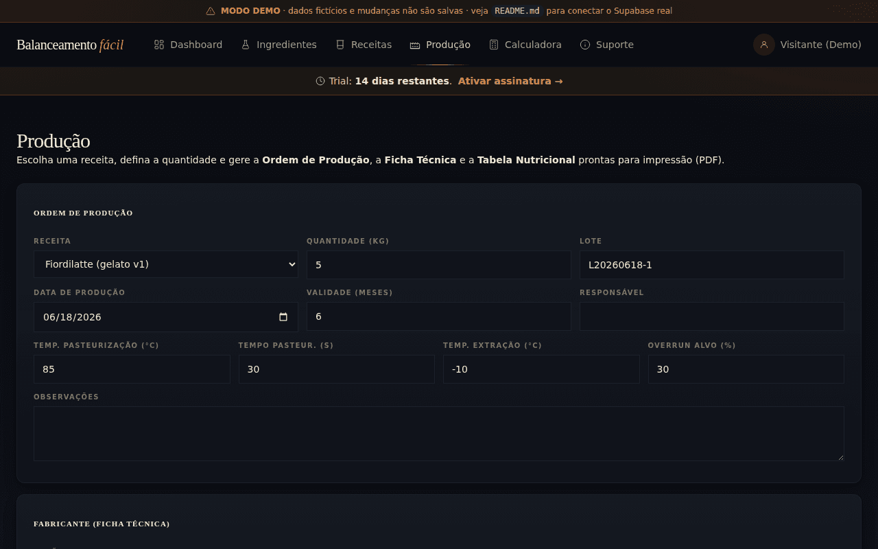 Tela de produção com ordem de pesagem e documentos ANVISA